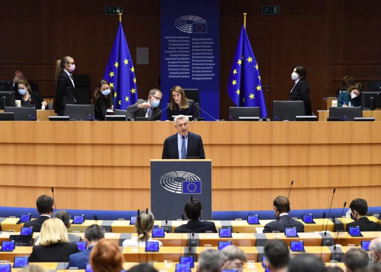 UN High Commissioner for refugees Filippo Grandi delivers a speech during a plenary session at the EU Parliament in Brussels on November 10, 2021. (Photo by JOHN THYS / AFP)