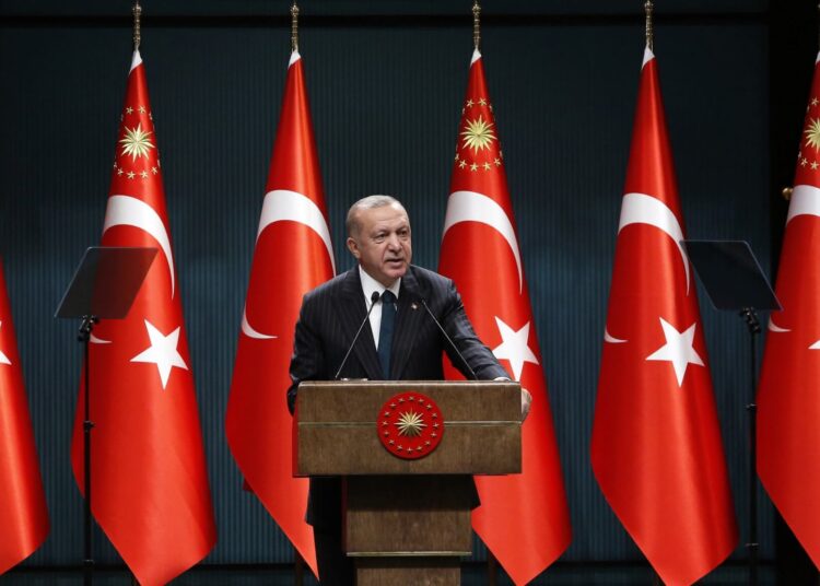 Turkish President Recep Tayyip Erdogan holds a press conference following the weekly cabinet meeting at the Presidential Complex in Ankara on August 24, 2020. (Photo by Adem ALTAN / AFP)