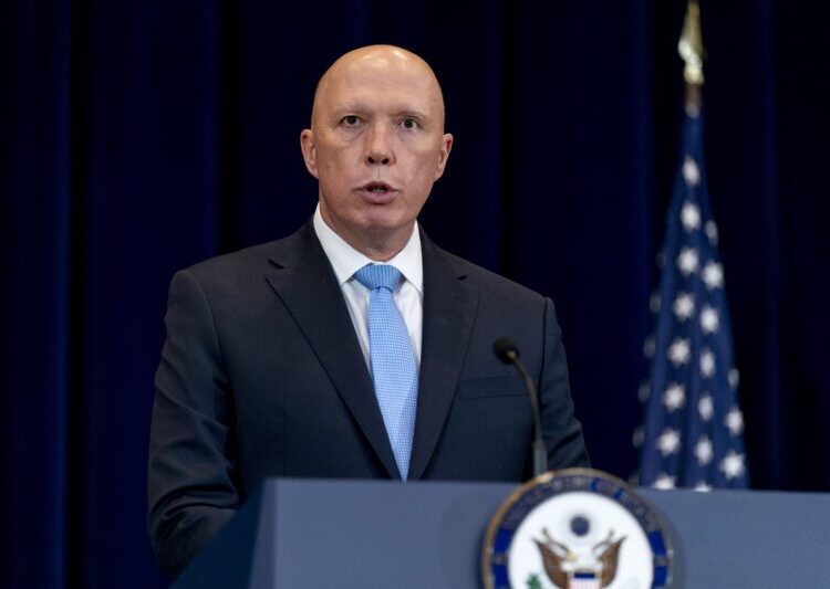 Australian Minister of Defense Peter Dutton speaks at a news conference with Australian Foreign Minister Marise Payne, US Secretary of State Antony Blinken, and US Defense Secretary Lloyd Austinat the State Department in Washington, DC on September 16, 2021. (Photo by Andrew Harnik / POOL / AFP)