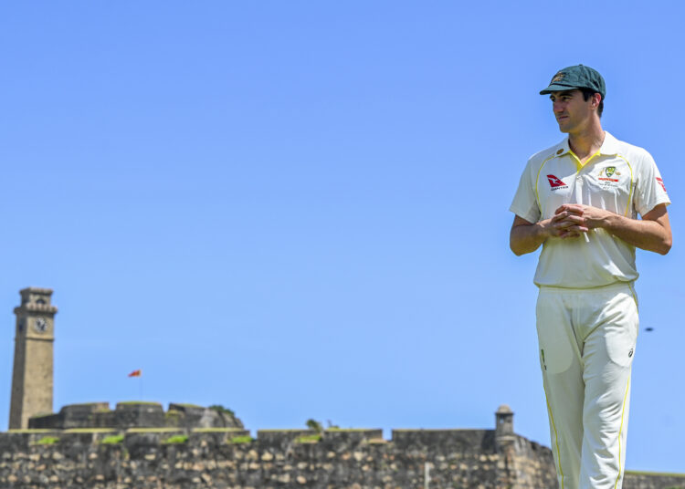 Australia's captain Pat Cummins looks on after press conference at the Galle International Cricket Stadium in Galle on June 28, 2022, ahead of their two Tests cricket matches against Sri Lanka. (Photo by ISHARA S. KODIKARA / AFP)