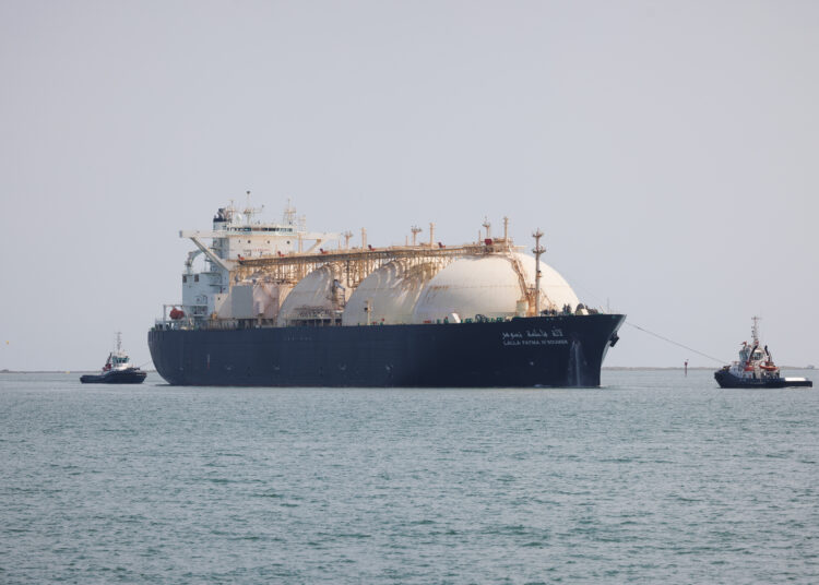 This picture shows the tanker boat "Lalla Fatma N'Soumer" arriving to deliver LNG (Liquefied Natural Gas) to the uploading dock of Cavaou terminal in Fos-sur-Mer, on June 22, 2023. - Cavaou methane terminal, owned by Engie and operated by Elengy, subsidiary company of GRTGaz, has experienced record activity since the war in Ukraine started. Liquefied Natural Gas mainly comes from Algeria and Qatar, before being regasified there and injected into the network. 25% of the gaz consumed in France arrives here by tanker boats. (Photo by CLEMENT MAHOUDEAU / AFP)