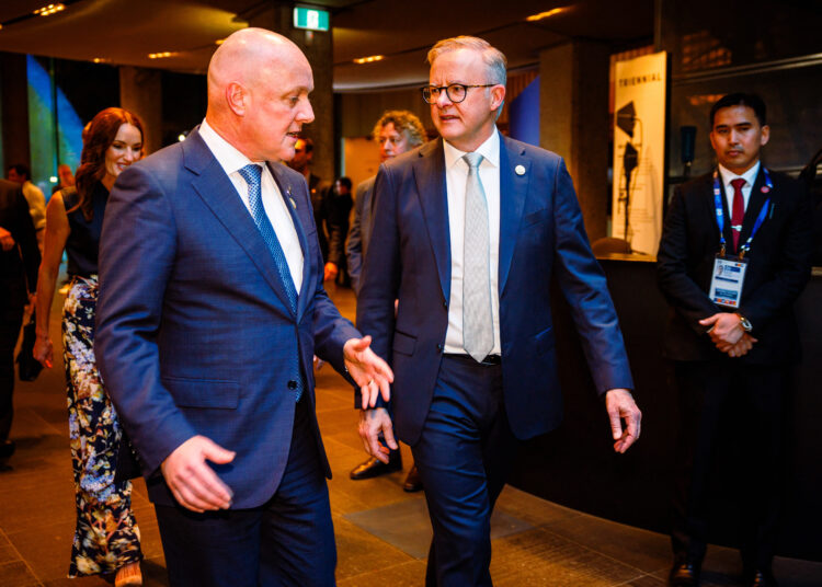 This handout photo taken and released on March 5, 2024 by the ASEAN-Australia Special Summit 2024 shows Australia's Prime Minister Anthony Albanese (R) walking with his New Zealand counterpart Christopher Luxon at the National Gallery of Victoria for the ASEAN Leaders dinner during the ASEAN-Australia Special Summit 2024 in Melbourne. (Photo by Patrick Hamilton / ASEAN-Australia Special Summit 2024 / AFP) / RESTRICTED TO EDITORIAL USE - MANDATORY CREDIT "AFP PHOTO / ASEAN-AUSTRALIA SPECIAL SUMMIT 2024 / PATRICK HAMILTON" - NO MARKETING - NO ADVERTISING CAMPAIGNS - DISTRIBUTED AS A SERVICE TO CLIENTS -  RESTRICTED TO EDITORIAL USE - MANDATORY CREDIT "AFP PHOTO / ASEAN-Australia Special Summit 2024 / PATRICK HAMILTON" - NO MARKETING - NO ADVERTISING CAMPAIGNS - DISTRIBUTED AS A SERVICE TO CLIENTS /