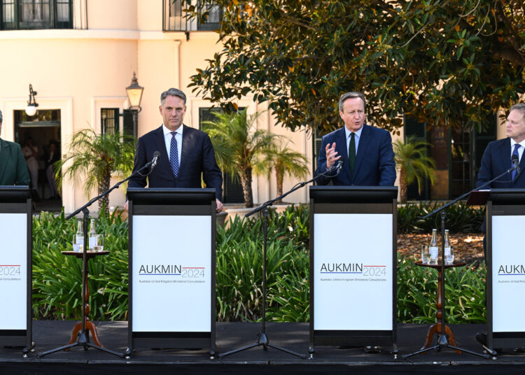 (L-R) Australia's Foreign Minister Penny Wong, Australia's Deputy Prime Minister and Defence Minister Richard Marles, Britains Foreign Secretary David Cameron, and Britain's Secretary of State for Defence Grant Shapps hold a media conference at Government House in Adelaide, South Australia, on March 22, 2024, as part of the annual Australia-United Kingdom Ministerial Consultations (AUKMIN). (Photo by Michael Errey / AFP)