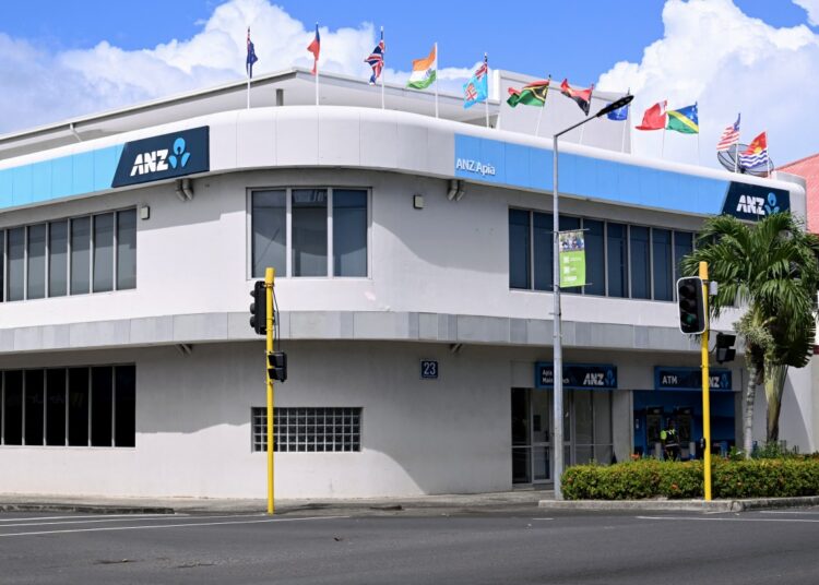This photo taken on October 27, 2024 shows a general view of an ANZ Bank branch in Samoa's capital of Apia. - Australia will move to stem the exodus of its banks from the Pacific Islands, the country's top economic official said, as concerns mount that China could bolster its influence by filling in the gaps. (Photo by William WEST / AFP)