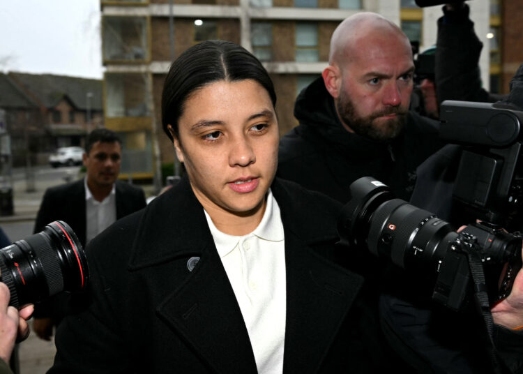 Chelsea's Australian striker Sam Kerr arrives at Kingston Crown Court in south London on February 11, 2025. Prosecutors in the trial of Kerr, who called a police officer "stupid and white", have asked the jury if perceptions would be different had she said "stupid and black". The Australia captain is on trial charged with causing racially aggravated harassment, which she denies, to police constable Stephen Lovell during an incident in southwest London in the early hours of January 30, 2023. (Photo by JUSTIN TALLIS / AFP)