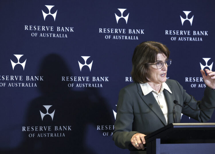 Australia's Reserve Bank Governor, Michele Bullock, speaks during the Monetary Policy Decision media conference in Sydney on February 18, 2025. Australia's central bank cut its key interest rate on February 18 for the first time in more than four years, but warned global turmoil could derail further easing. (Photo by DAVID GRAY / AFP)