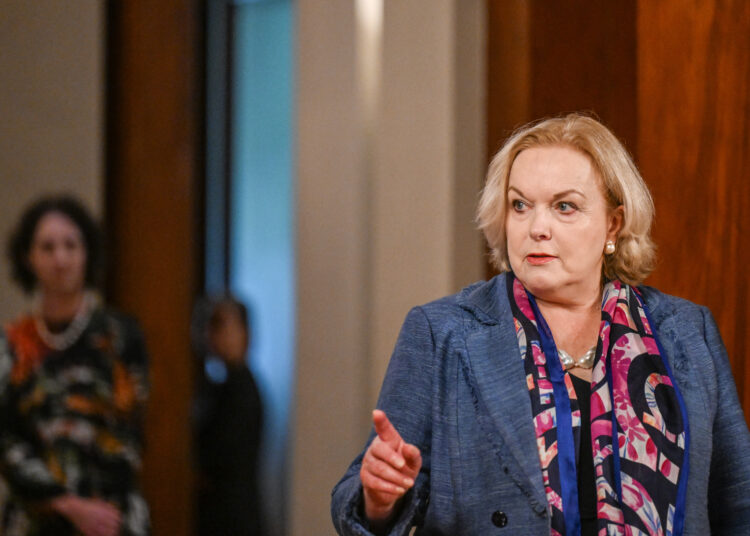 New Zealand's Defence Minister Judith Collins looks on before a courtesy call with Philippine President Ferdinand Marcos at the Malacanang Palace in Manila on April 30, 2025. (Photo by Jam STA ROSA / POOL / AFP)